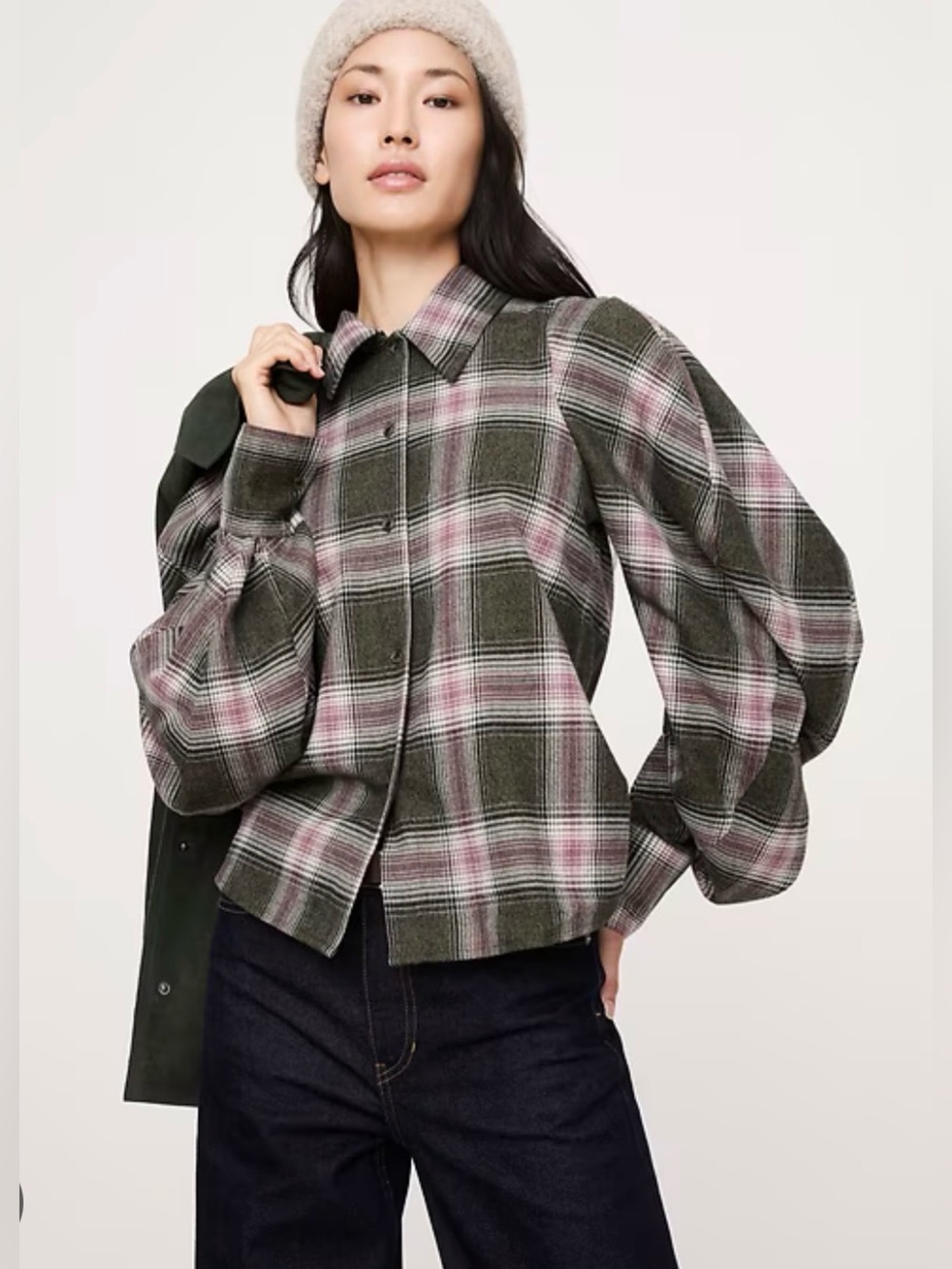 NWT Banana Republic Flannel Volume Sleeve Pink Plaid Shirt Sz Small (#851681)